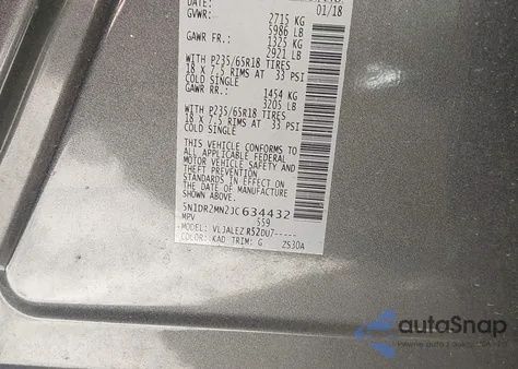 2018 Nissan Pathfinder Sv z USA, uszkodzony, nr VIN 5N1DR2MN2JC634432